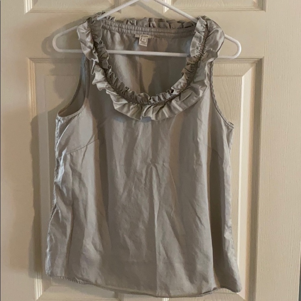 J Crew light gray top w/ ruffle neckline, size 10